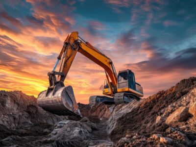 an excavator digging a hole onsite, in the style of color gradients, light indigo and dark amber, richly colored skies, meticulous attention to detail, iso 200, suspended/hanging, digitally enhanced --ar 38:25 --v 6 Job ID: 1e2efcb6-cf7e-4d49-8602-0e0fbd638112